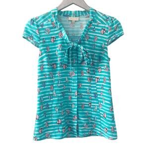 ModCloth Sailboat Print Button Up Short Sleeve Neck Tie Blouse
